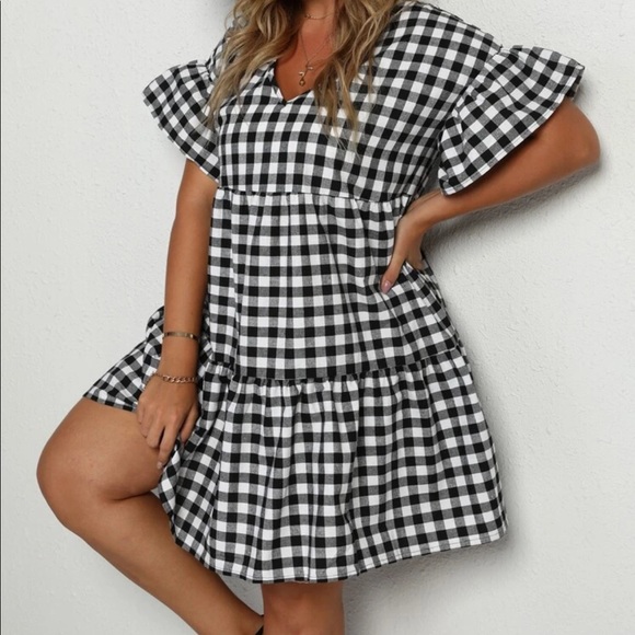 Boho plus size gingham flounce sleeve dress - Picture 10 of 12